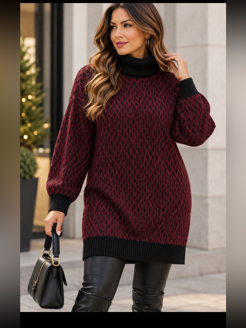 Reitmans Burgundy and Black Patterned Turtleneck Sweater